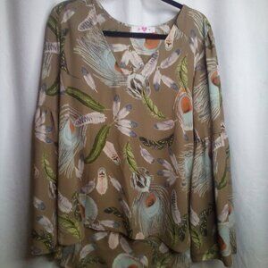 Buddy Love Blouse Shirt L Women Long Belle Sleeve V-Neck Feathers Brown Green